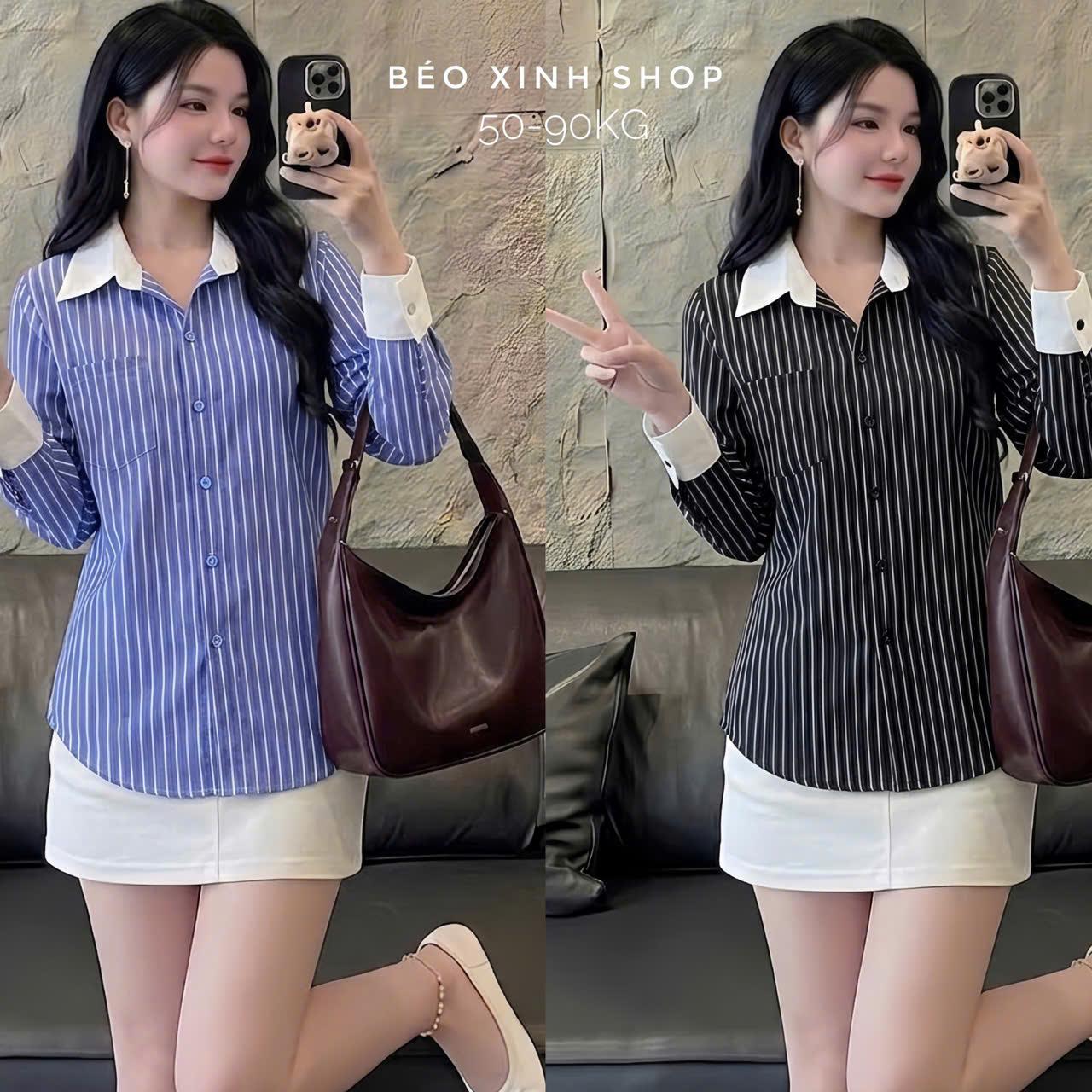 Áo Sơ Mi Kẻ Sọc Phối Cổ Trắng Cao Cấp Thanh Lịch Bigsize Cho Nàng 50- 90 Kg Dễ Thương Nữ Women Top - B.1749