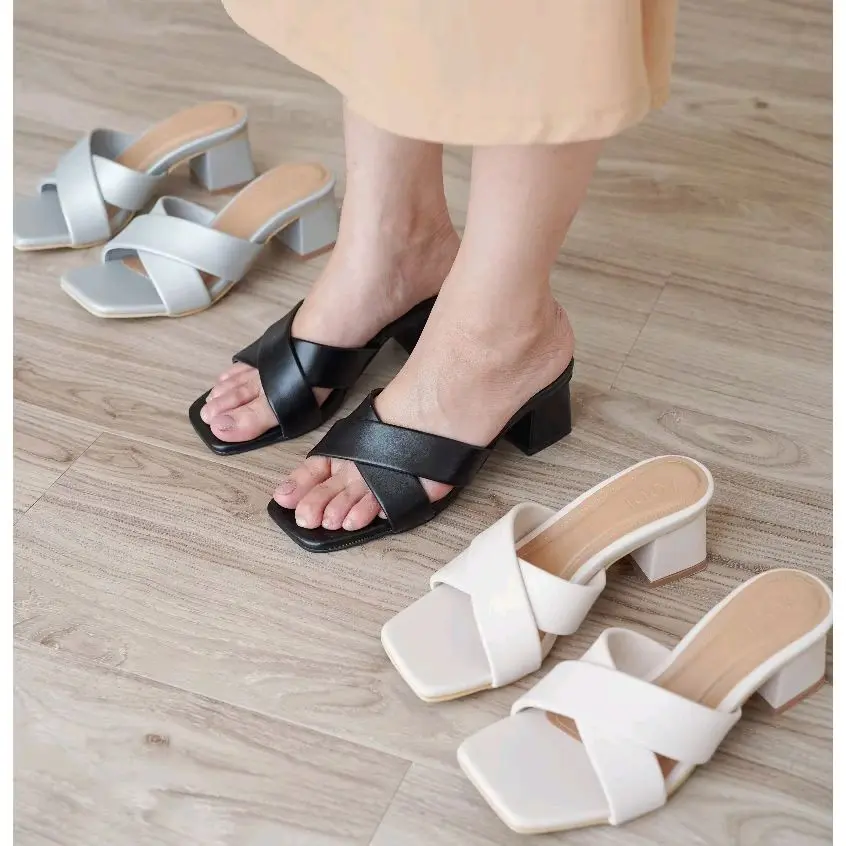 sandal wanita heels terbaru motif silang simpel elegan sol karet anti slip tinggi 5cm Selop Sendal Shoes Sandal kokop wanita Hak Tahu