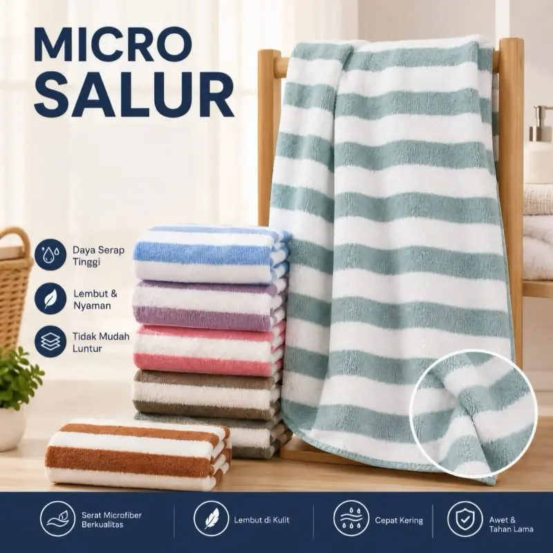 Handuk Mandi Quick Dry Microfiber Bulu Salur 70x140 50x100 Lembut Kain