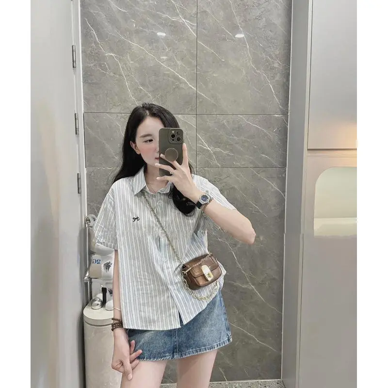 Áo sơ mi kẻ sọc nữ cộc tay thêu nơ kiểu dáng hàn quốc 0