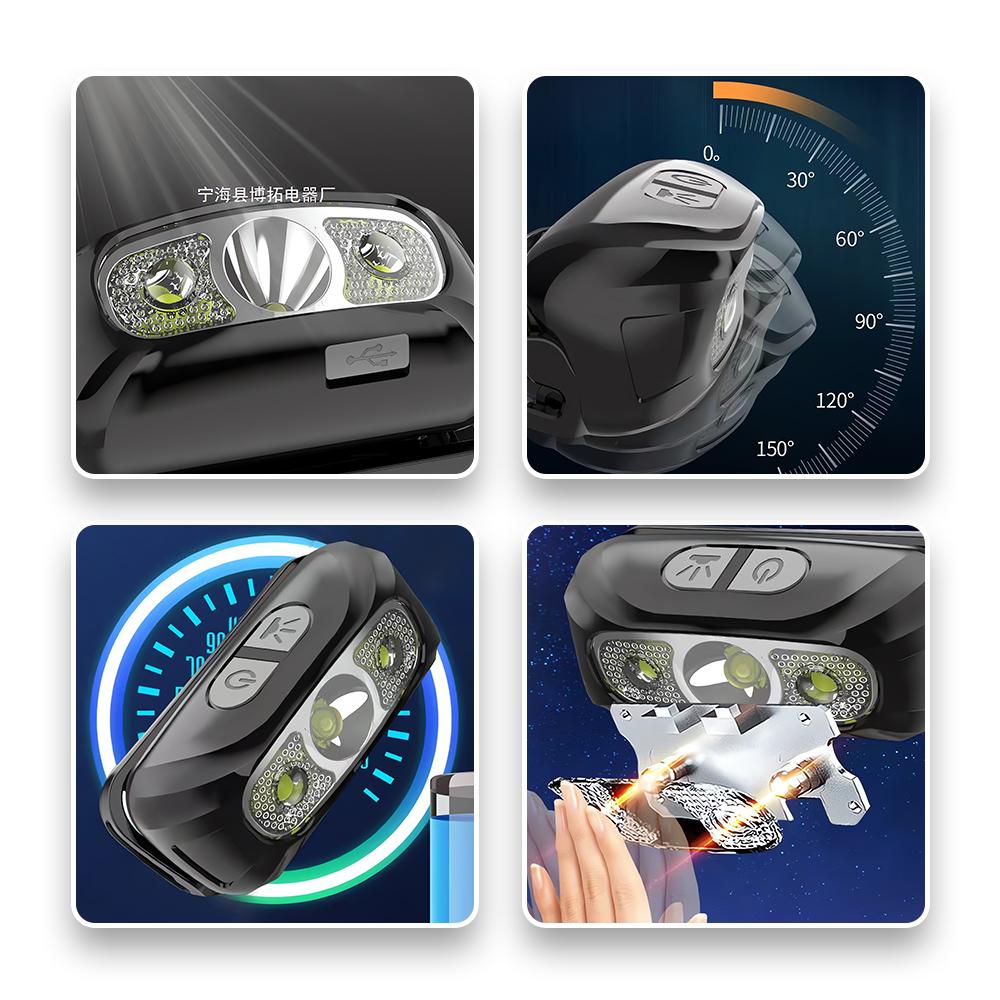 Senter ikat kepala isi ulang ultra terang dengan sensor cahaya intensitas tinggi, kecil dan portabel. Senter ikat kepala isi ulang ultra terang dengan sensor cahaya intensitas tinggi, kecil dan portabel.