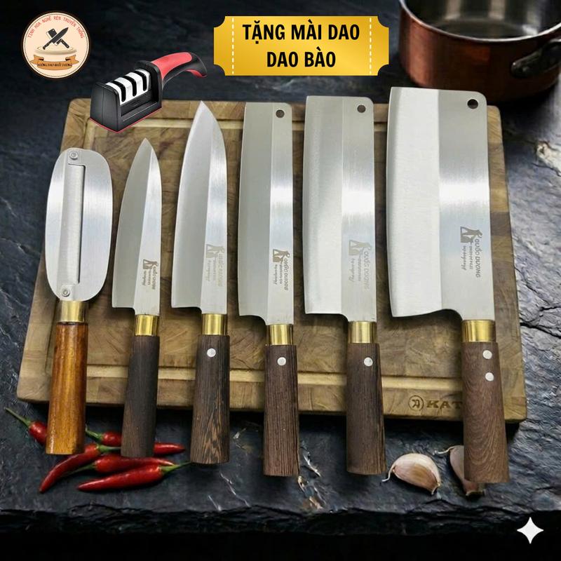 Bộ 5 dao thép trắng kháng gỉ, cán làm từ gỗ mun vàng nguyên khối chốt đ