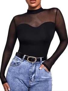 Top de malla transparente de cuello alto y manga larga de corte ajustado para mujer, elegante camiseta de color sólido para primavera y otoño, ropa casual de moda