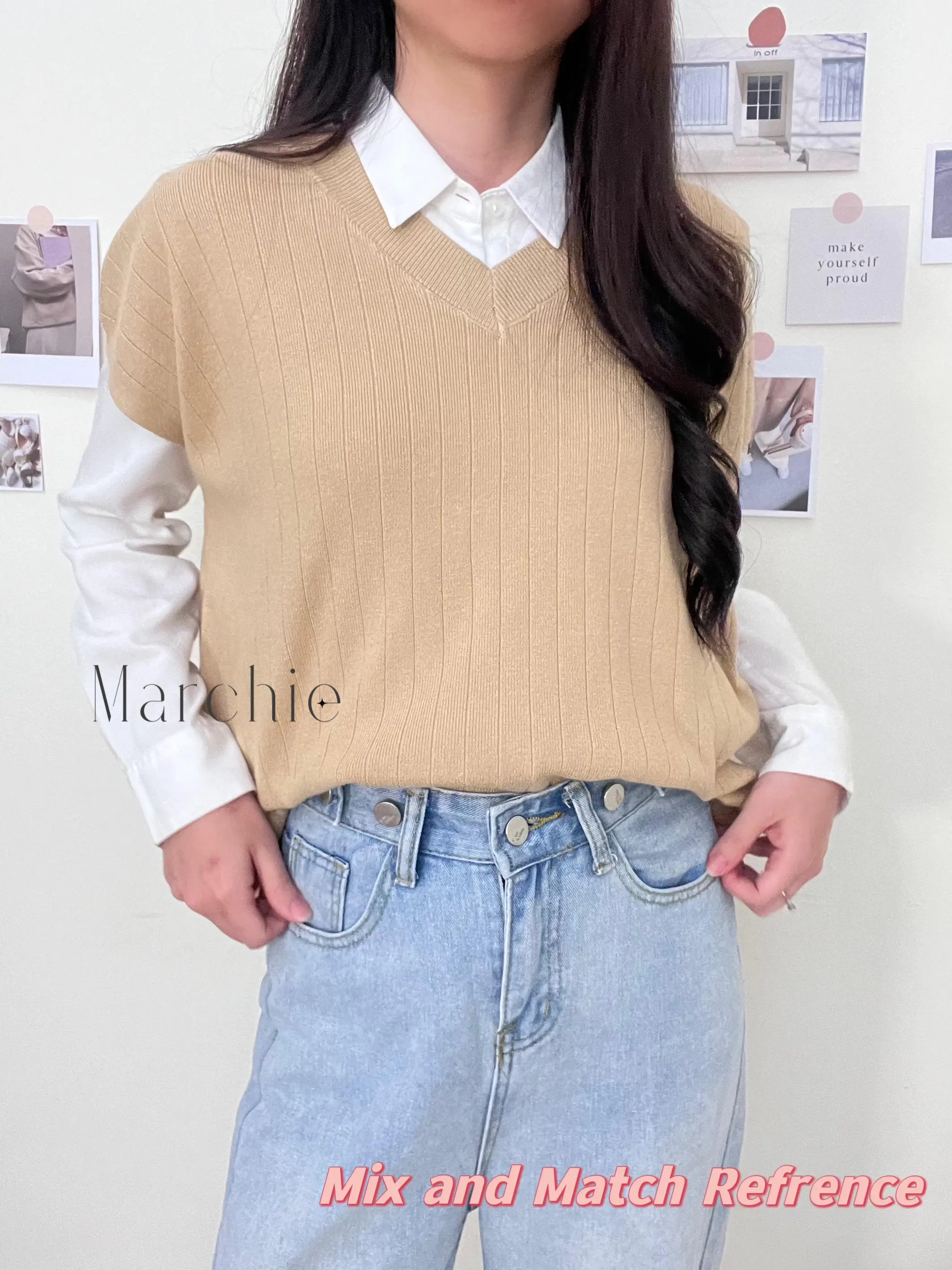 [Marchie] READY STOCK BANGKOK - Top Knit Arita / Baju atasan Knit Wanita / Rompi Perempuan Putih Coklat Polos / Rompi Korea