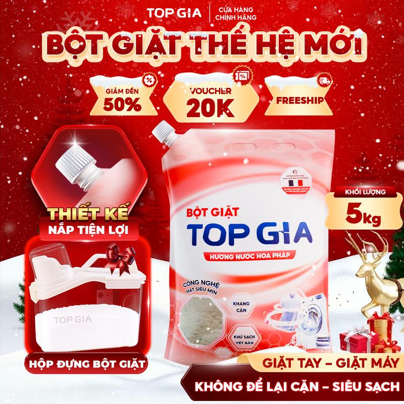   TẶNG HỘP ĐỰNG  Bột Giặt TOPGIA 5Kg Hương Nước Hoa Hồng Pháp Sạch Vượt Trội Với Hạt Siêu mịn Lưu Hương Lâu An Toàn Cho Da Tay  Không Để Lại Cặn Ngay Cả Khi Giặt Máy bkt 