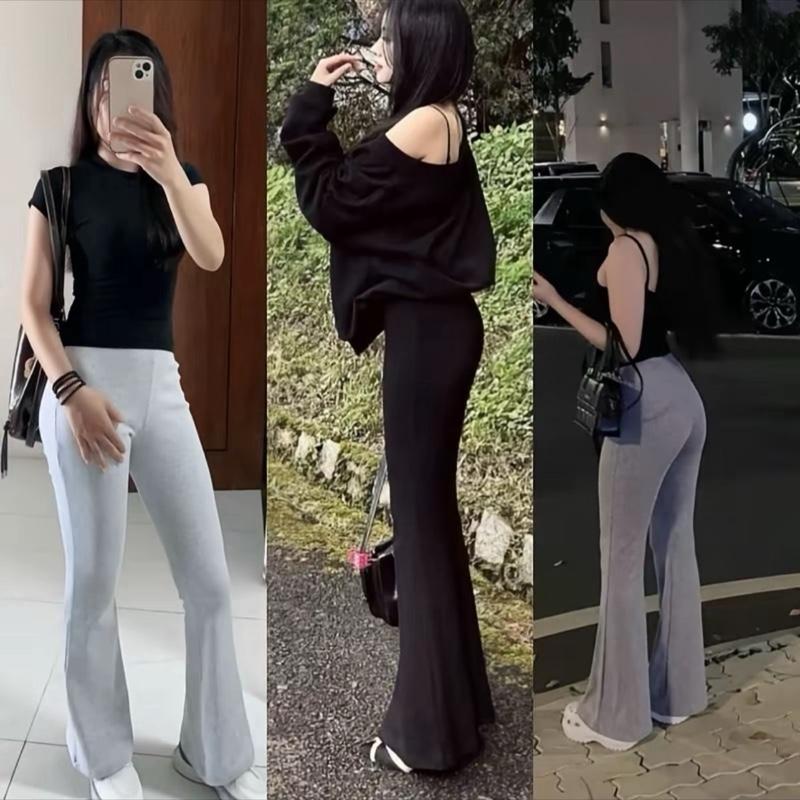Quần Ống Loe Nữ Vải Thun Gân Lưng Cao không túi Co Giãn Thoải Mái Women Voi Ong  Bền Đẹp Size S M L Dưới 67kg Mang Thoải Mái