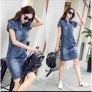 904-DRESS JEANS WANITA LENGAN PENDEK DUA SAKU KANCING HIDUP Casual Dress Dewasa Baju Midi Panjang