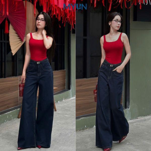MYUN - Quần Jean nữ rộng loe túi kiểu, ống rộng 34cm, hack dáng cạp cao, quần bò ống loe xanh đen, vải cotton JL0002- Women pants
