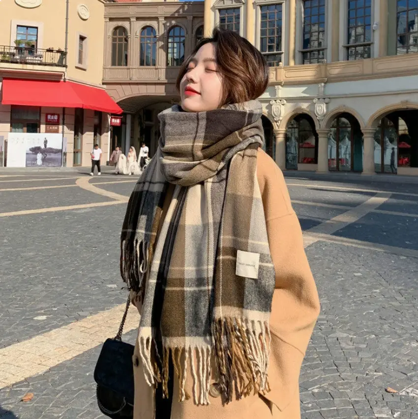 fv88 - Syal Leher Kotak-Kotak Scarf Korea Cashmere Pashmina Selendang Kasmir Import Premium