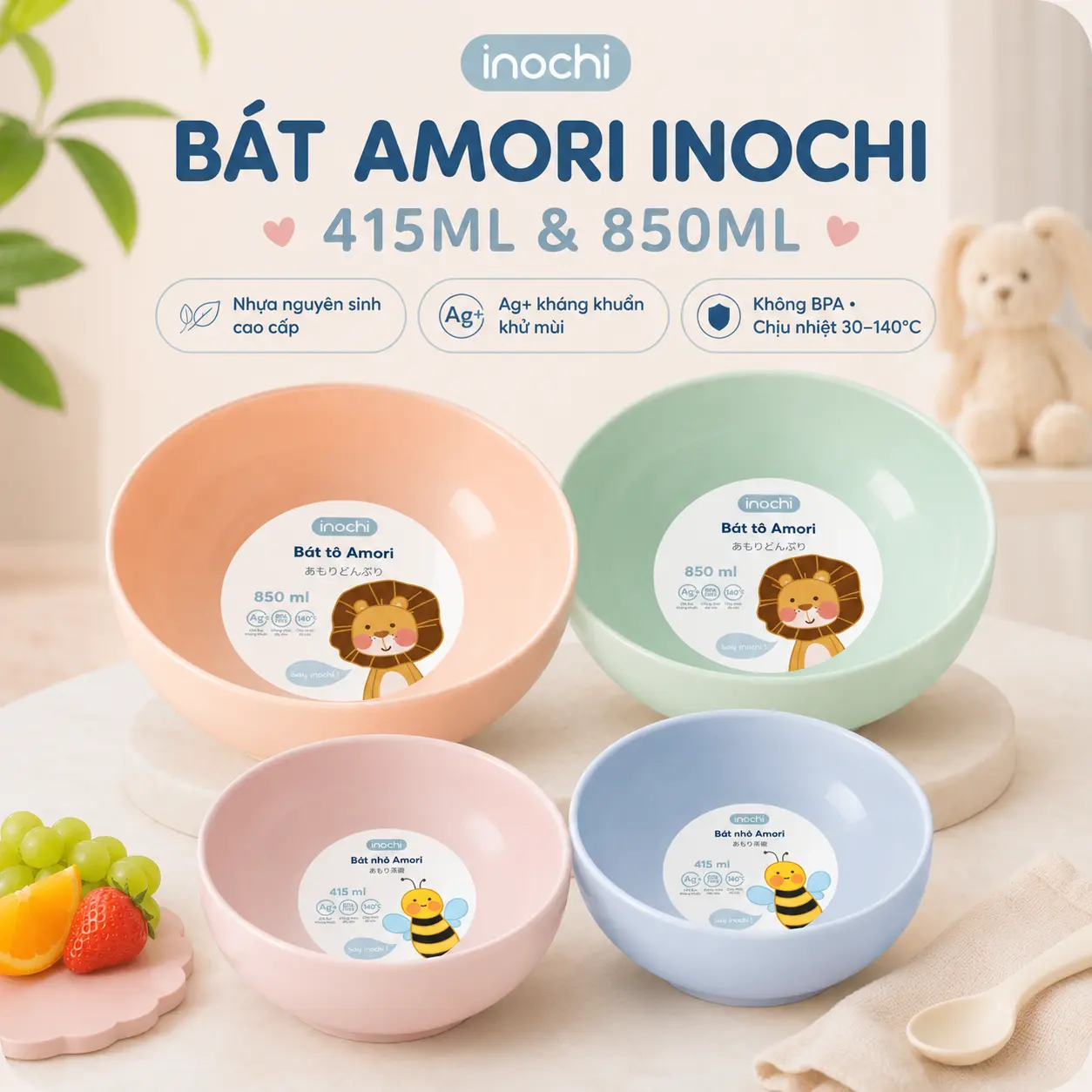 Bát nhựa Inochi - Amori 850ml/415ml: Bát ăn dặm cho bé, chống rơi vỡ, kháng khuẩn, chịu nhiệt, an toàn, tiện lợi, kích thích bé ăn ngon!