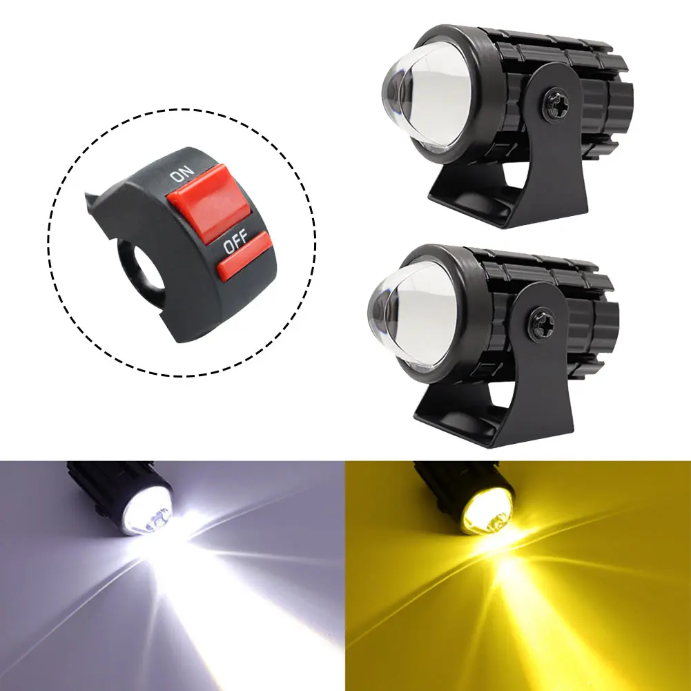 12-80V Ebike Motorcycle Spotlight Projector Lens Dual Color Mini LED Headlight Auxiliary Driving Lamp Universal for ATV Scooter Cafe Racer E-bike