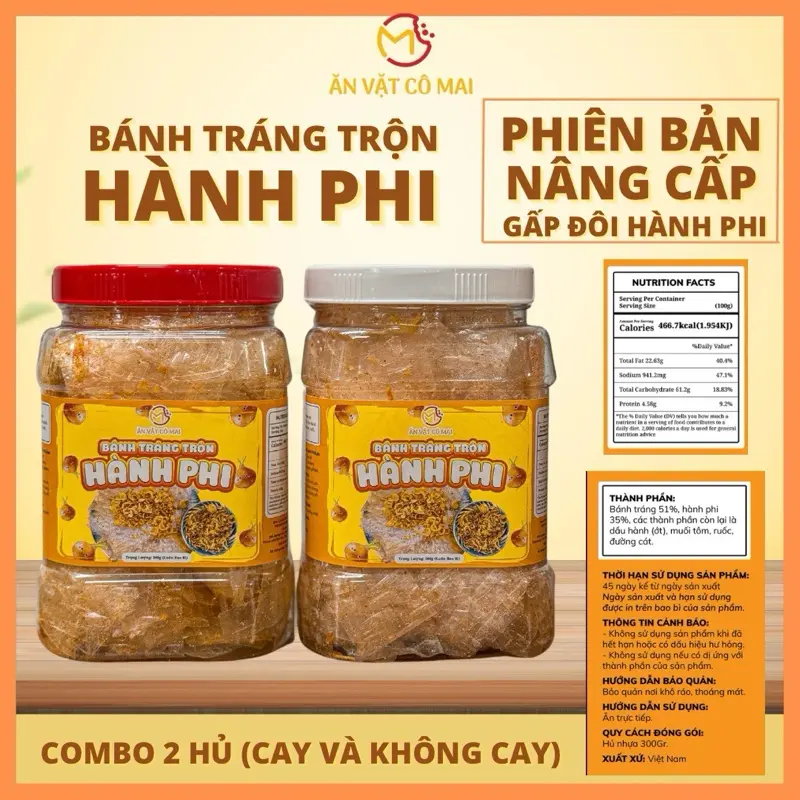 Ăn Vặt Cô Mai - Bánh Tráng Trộn Hành Phi Hủ 300Gr Phiên Bản Nâng Cấp Gấp Đôi Hành Phi (Cay Và Không Cay) - Snack Thức Ăn Việt Nam