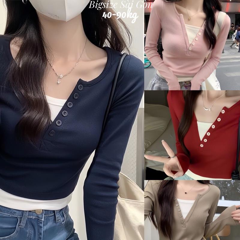 Bigsize Sài Gòn Áo Thun Nữ Tay Dải Cổ Phối Nút Thanh Lịch Tôn Dáng (Vải Borit Cotton Qc) Cao Cấp Thanh Lịch Bigsize 45–90kg Dễ Thương Nữ Women Top Nhung - B.1704