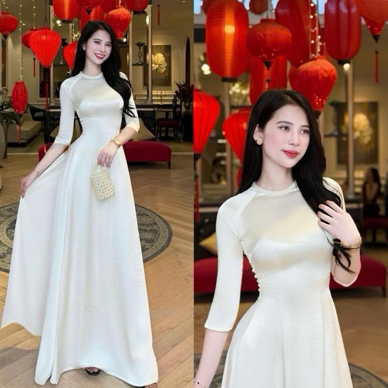  Áo Dài Lụa Gấm Tráng Gương Cao cấp- áo dài truyền thống tết 2026 màu trắng AD25 