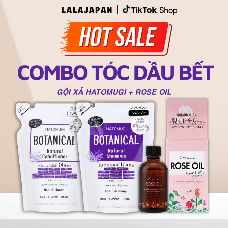 [MẪU MỚI] Combo Gội xả Hatomugi Botanical bản tím và Dầu hoa hồng Rose Oil cho tóc dầu bết hỗ trợ kiềm dầu làm phồng tóc