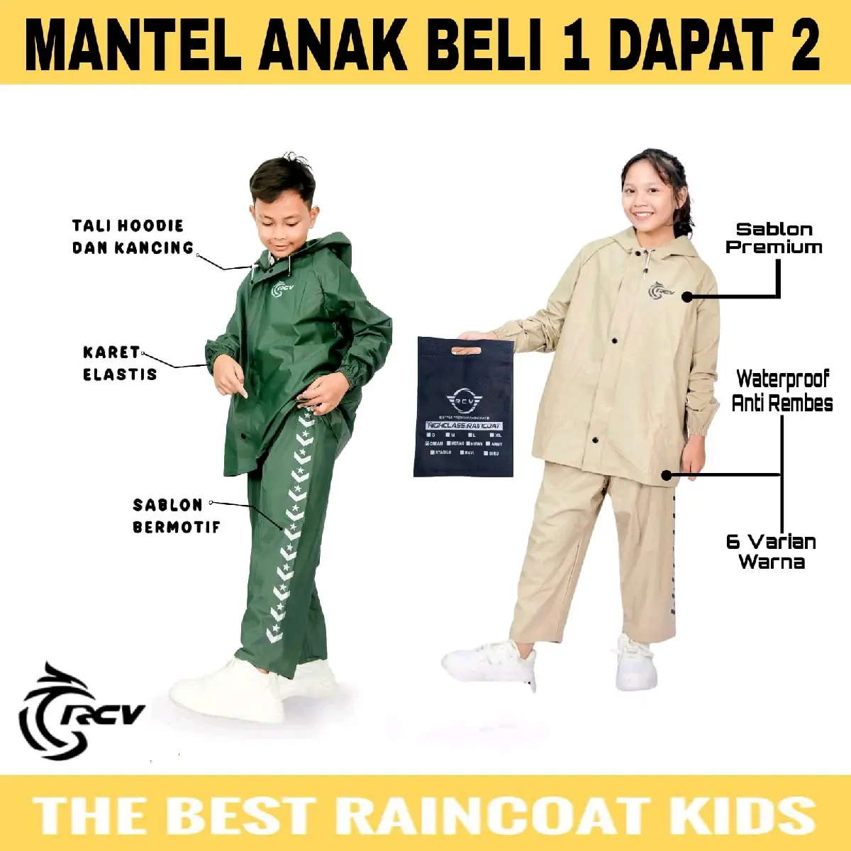 (BELI 1 DAPAT 2 ) PROMO Jas Hujan Anak Setelan Baju Celana Laki laki & Perempuan Raincoat Kids Premium Original 100% Free Tas Bag By RCV Mantel