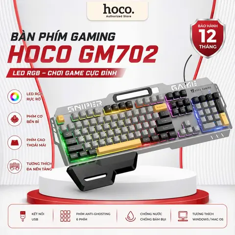Bàn Phím Gaming Hoco GM702 Bàn Phím Có Dây, Bàn Phím Giả Cơ, Có Đèn Led, Bàn Phím Máy Tính