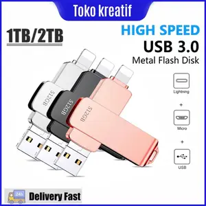 Flash Disk OTG 3-in-1 1TB 32GB 64GB 128GB 256GB 1TB 2TB USB Eksternal Memori Penyimpanan Flash Drive Kompatibel dengan iPhone Android iPad dan Komputer dengan Fungsi Kunci Kata dan Transfer Cepat