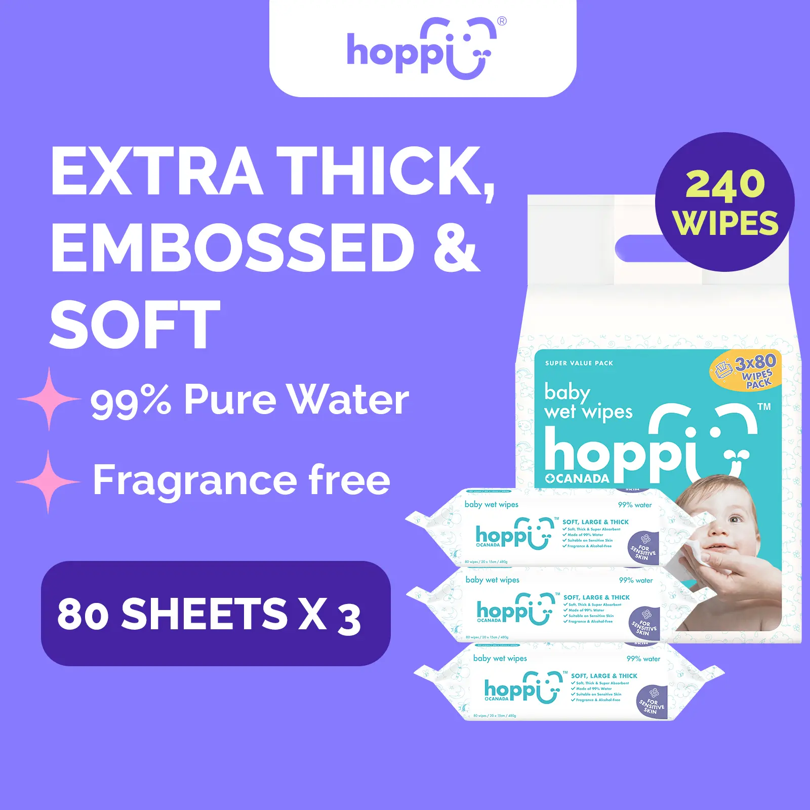 Hoppi Baby Wet Wipes - 99% Water, Unisex - for Newborn & Sensitive Skin