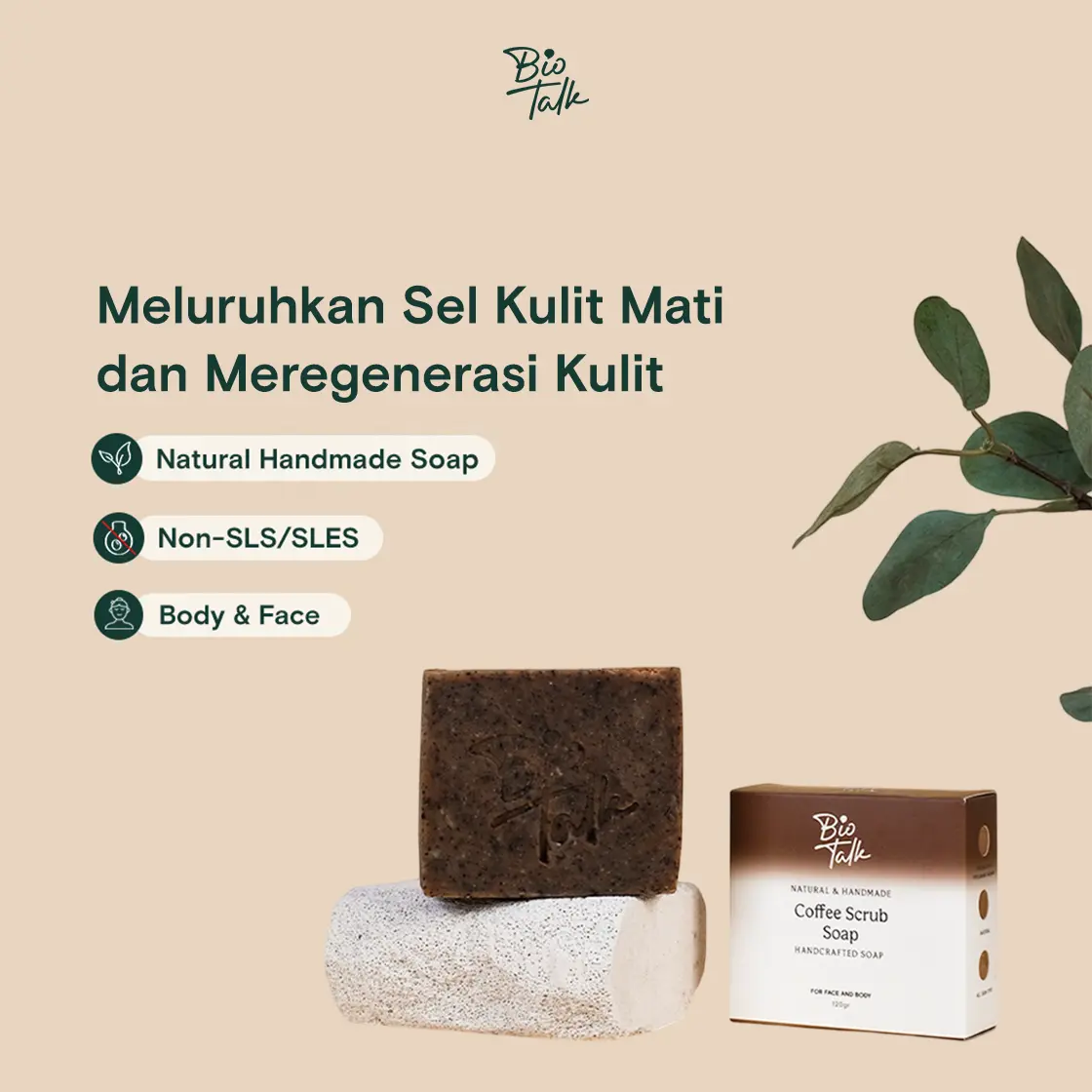 Biotalk Coffee Scrub Soap - Sabun Mandi Kopi Natural | Eksfoliasi, Hilangkan Stretchmark & Noda Bekas Luka