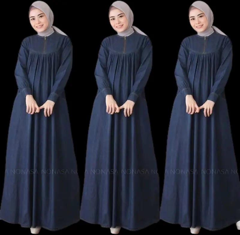 GAMIS JEANS MUSLIM WANITA KEKINIAN CANTIK DAN ELEGAN Mewah Syari | GAMIS Lebaran Dewasa |  Dress  Remaja Kondangan Pesta Simple Panjang 4