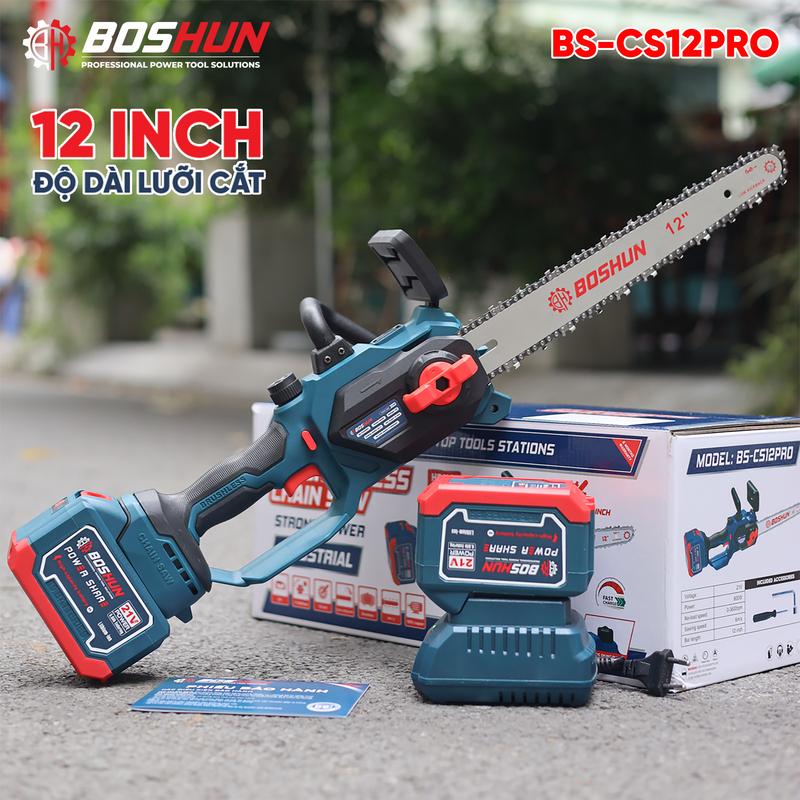 Máy Cưa Pin 12 Inch Boshun Cầm Tay - BS-CS12PRO - Tốc Độ Cưa 6m/s - Không Chổi Than Cao Cấp - Chân Pin Phổ Thông 2 Pin 15 Cell 21V/6Ah - Bảo Hành Chính Hãng 6 Tháng