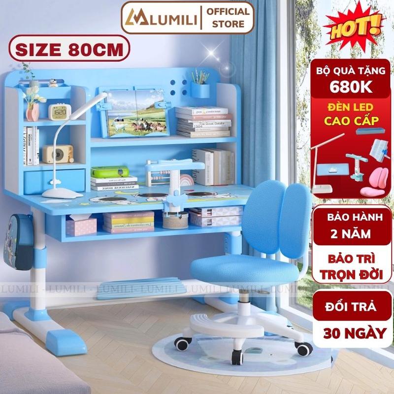 Bàn ghế học sinh chống gù Lumili E09, Bàn ngồi học cho bé có kệ sách, nâng hạ chiều cao thông minh, bàn ghế chống gù cho học sinh