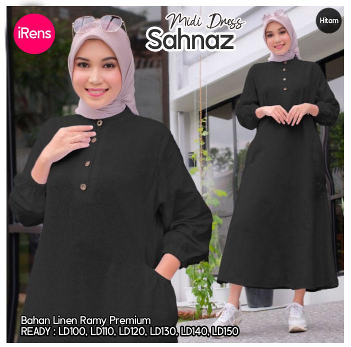 Sahnaz Midi Dress Wanita Muslim Korean Style Bahan Linen Rami Premium Busui Friendly Gamis Kancing Sangat Adem dan Nyaman 3