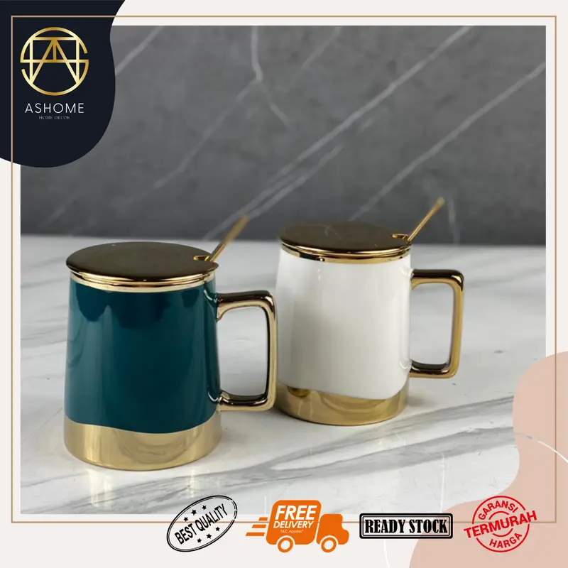 ASHOME Gelas Minum Set Keramik List Gold Dengan Tutup Gelas Emas & Sendok Gold / Ceramic Mug Set With Cup Lid Gold Elegant / Gelas Keramik Mewah / Gelas Minum Keramik / Gelas Gold / Gelas Set Keramik Mewah Elegan 3