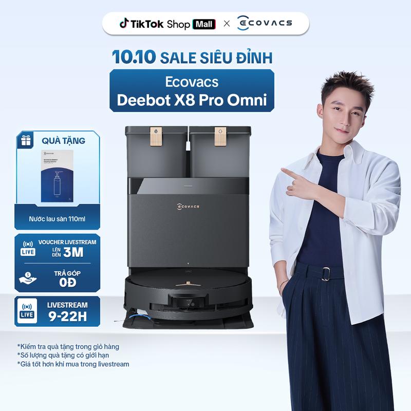 Robot hút bụi Ecovacs Deebot X8 Pro Omni - Bản Quốc Tế 2025, Công suất 80W - Làm Sạch
