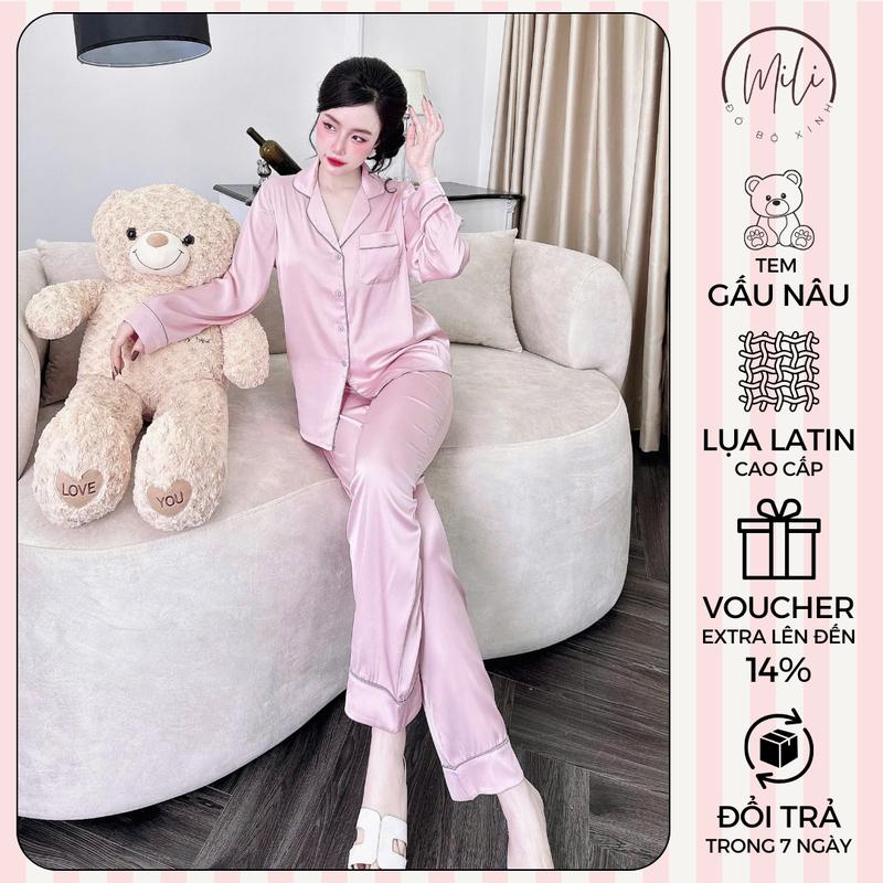   Tem Gấu Nâu  Đồ Bộ Pijama Nữ MiLi – Áo Tay Dài Trơn Chạy Viền Màu Có Túi Áo Quần Dài Có Túi – Vải Lụa Latin Cao Cấp Đồ Ngủ Xinh 