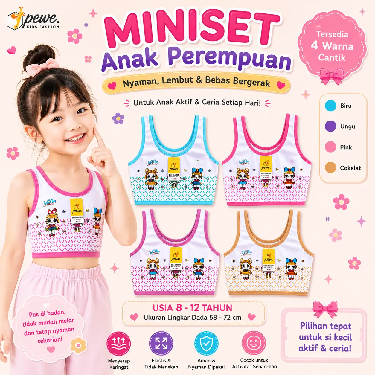 1/2 Lusin Miniset Anak Cewek SD Usia 8 - 12 Tahun | Step 1 Mini Set Bahan PE Spandex | Motif Polos