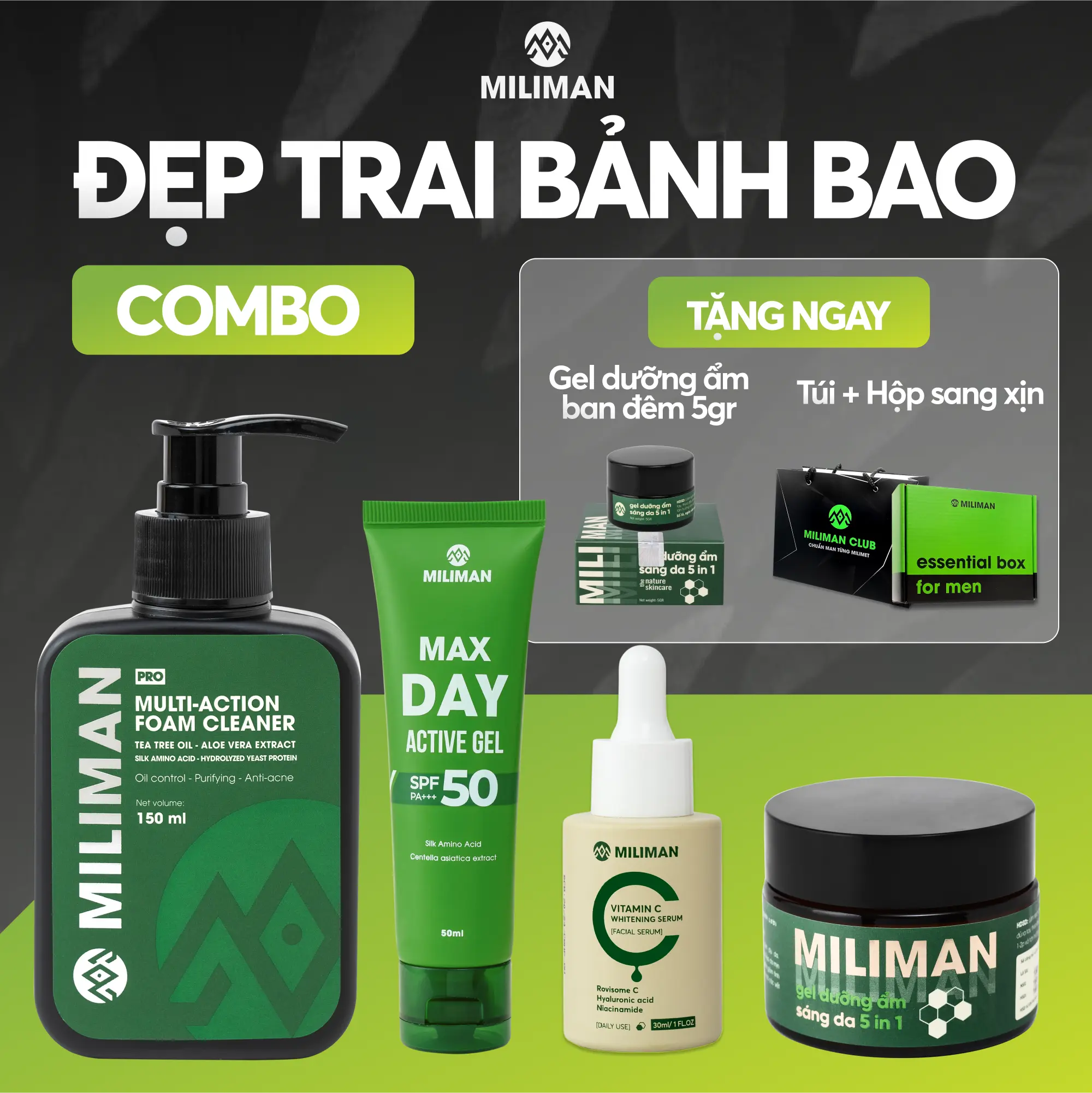 Combo Đẹp Trai Bảnh Bao MILIMAN Gồm Sữa Rửa Mặt Amino Acid Vector 150ml, Serum Vitamin C 30ml, Gel Dưỡng Da Chống Nắng 4 in 1 50ml, Gel Dưỡng Ban Đêm 5 in 1 50Gr | Tặng Gel Dưỡng Ẩm Ban Đêm 5gr Skincare