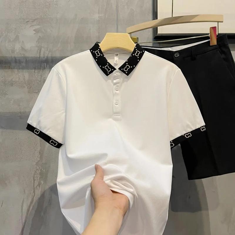 Áo Polo CC, Phong Cách Anh Quốc Cổ Điển Cao Cấp, Khâu Màu, Cổ Xoay, Dáng Ôm, Thường Ngày, ngắn Tay, Quần Áo Nam, Áo Phông Thường Ngày