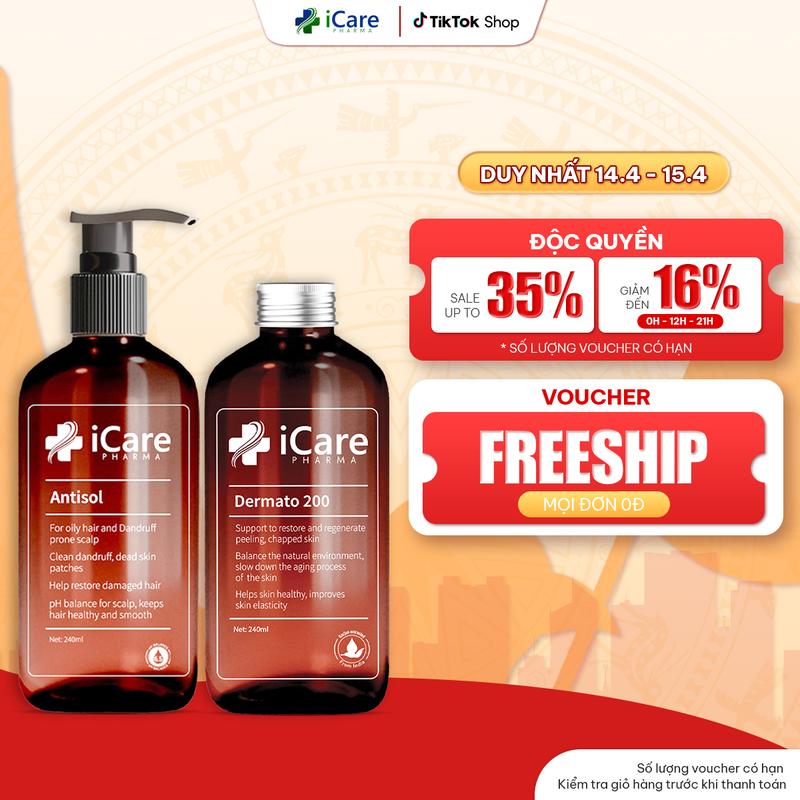 Combo Hỗ Trợ Cải Thiện Rụng Tóc, Gàu Nấm Da Đầu Toàn Diện gồm Serum Dermato 200 & Dầu gội Antisol iCare Pharma