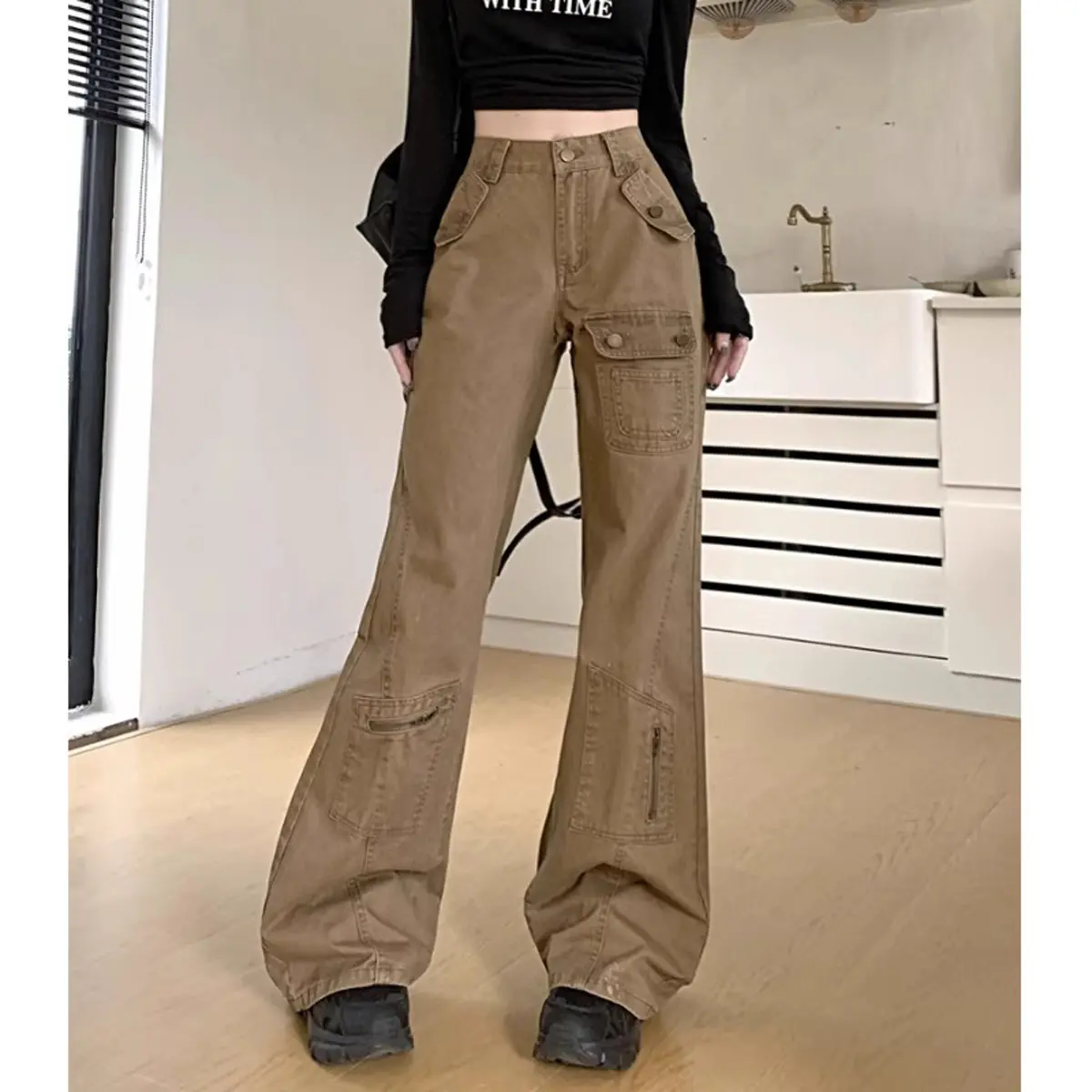 COD LULU Khaki Highwaist Cargo Celana Jeans Wanita