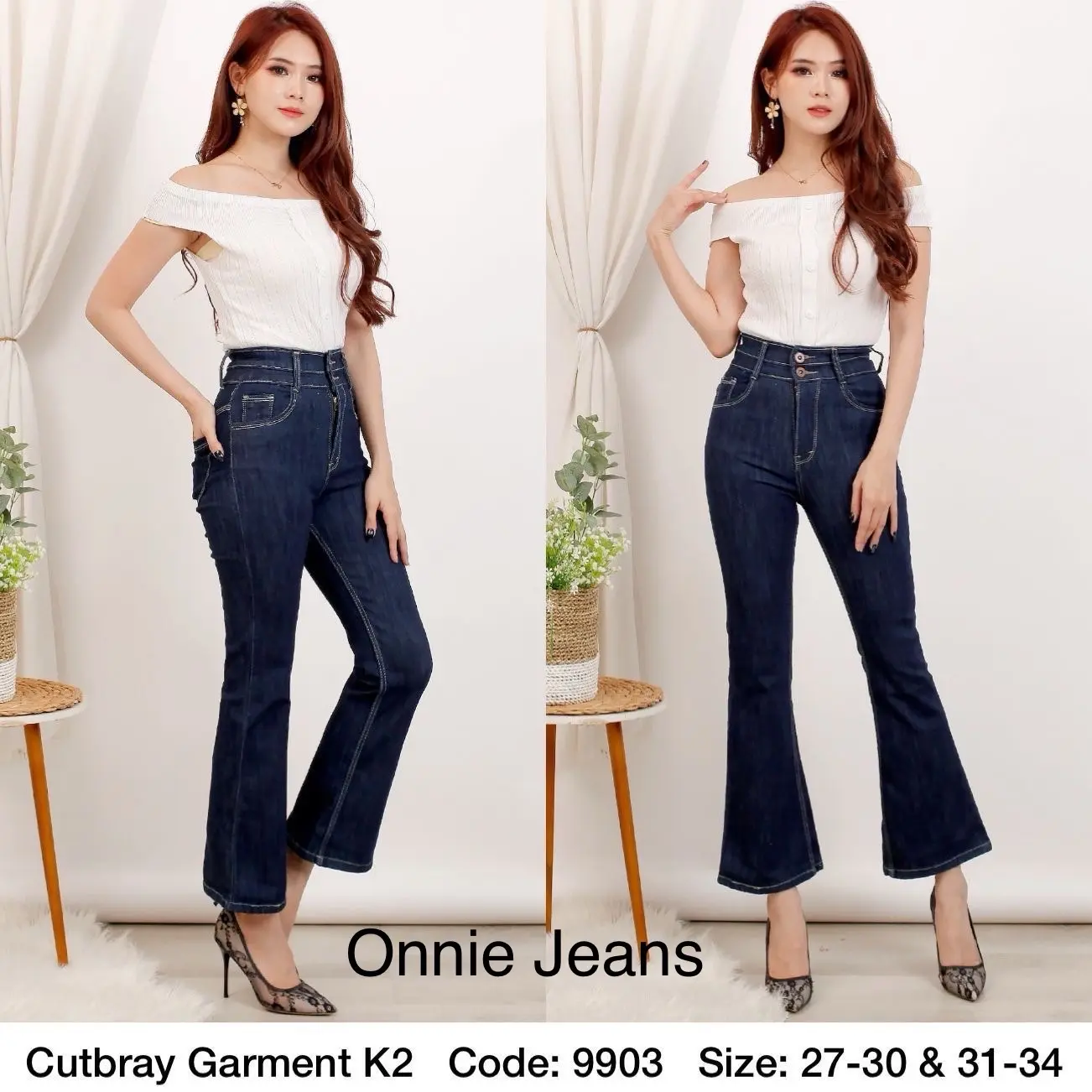Onnie Jeans | High waist Cutbray Jeans hitam | Aeri Denim | Celana panjang wanita Stretch 9903
