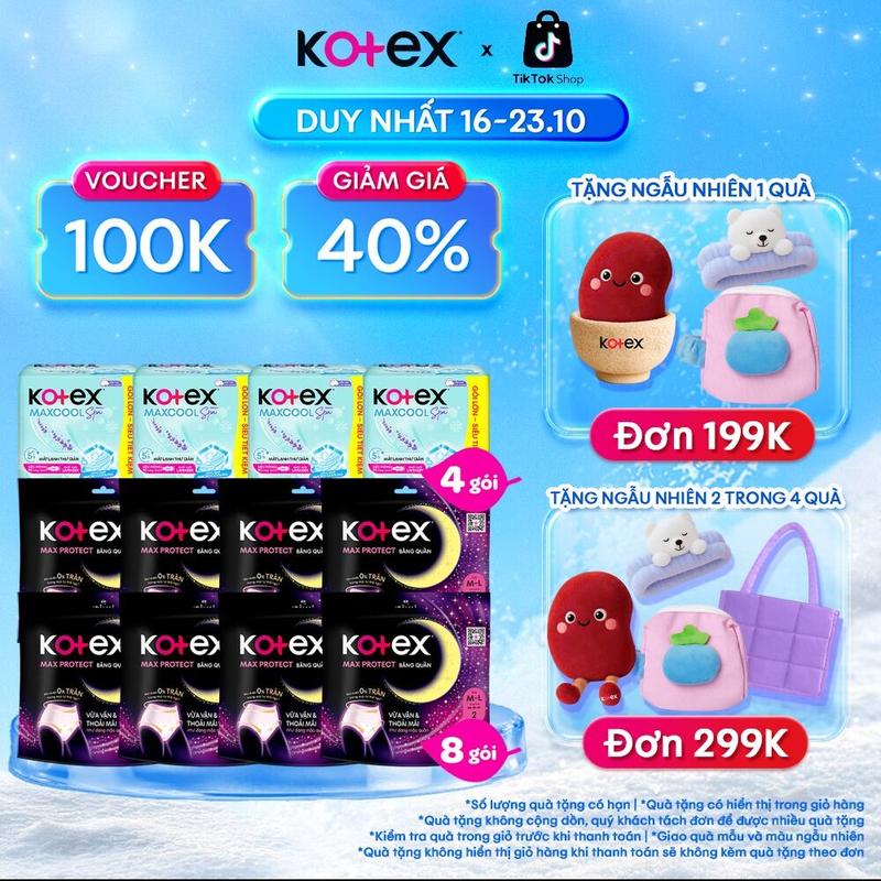 [QUÀ TẶNG HOT] Combo 4 gói băng vệ sinh nữ Maxcool French Spa siêu mỏng cánh 23cm 20 miếng/gói + combo 8 gói BVS Kotex Ban Đêm dạng quần cỡ M/L 2 miếng/gói, khô thoáng, thấm hút nhanh, chống tràn​, khử mùi, bvs kinh nguyệt nhiều, bvs chính hãng, tampon​