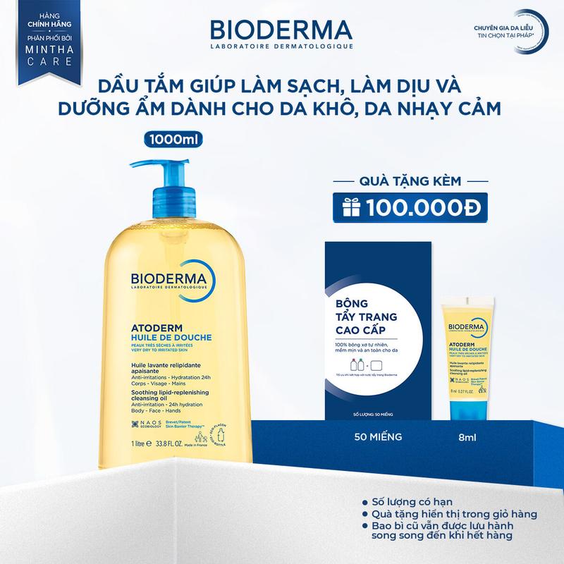 Dầu tắm giúp làm sạch, làm dịu và dưỡng ẩm dành cho da khô, da nhạy cảm Bioderma Atoderm Huile De Douche 1L