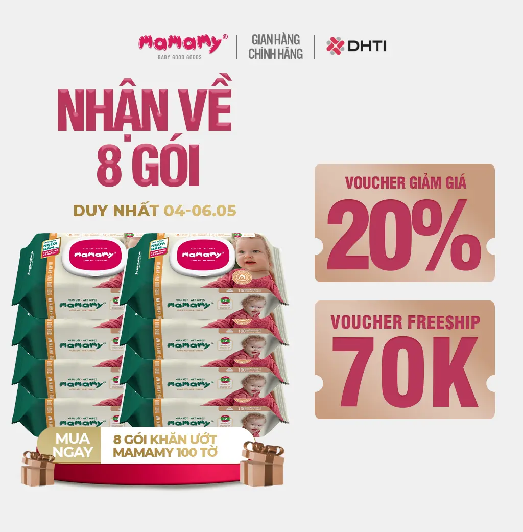 (Nhận về 8 gói) Combo 8 gói khăn ướt Mamamy 100 tờ chính hãng cho mẹ và bé, x2 chất chống hăm cho bé
