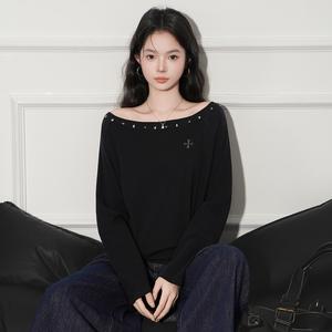 Sexy Asymmetrical Shoulder Rivet Long Sleeve T-Shirt for Women, Autumn Design with Rhinestones, Inner Layer Top, Fashionable and Stylish 3529# Womenswear Basic Casual Fitted Minimalist