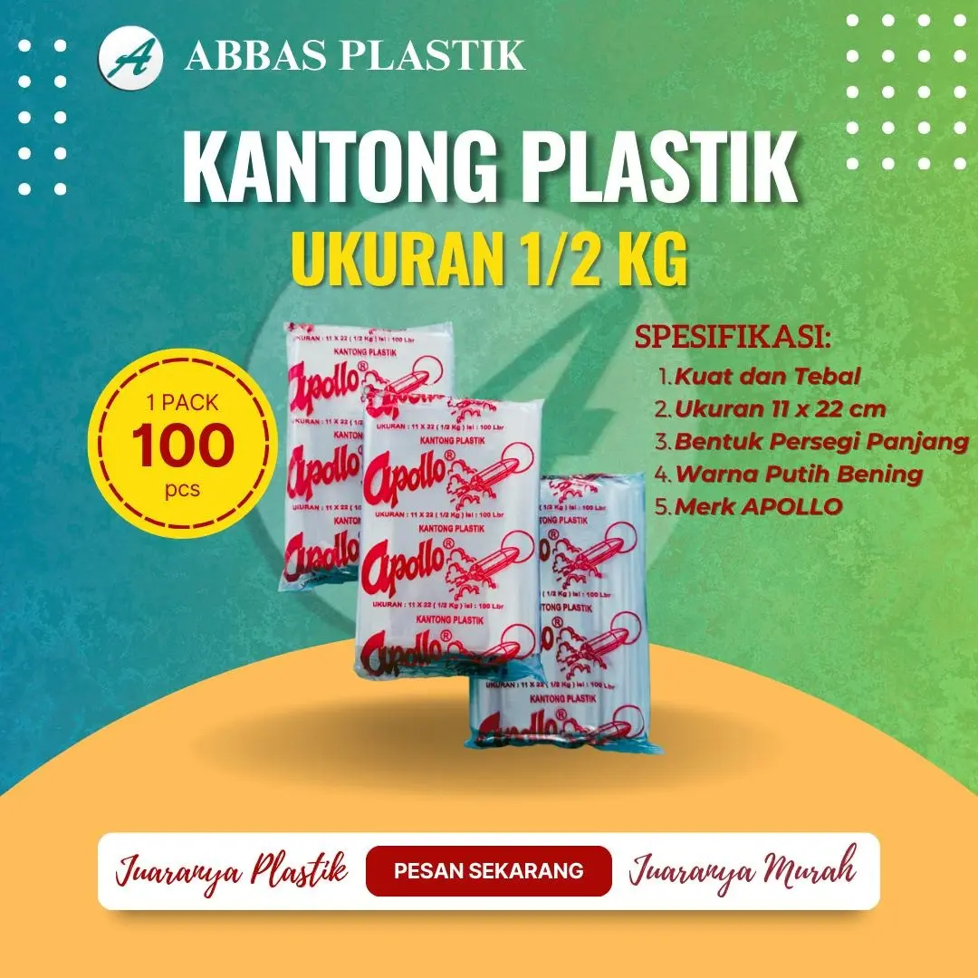 Plastik Bening Merk Apollo / Ukuran 1/2 kg / Dimensi 11 x 22/ 1 pak isi 100 pcs/ 1 ikat 5 pcs/ Penyimpanan makanan, jajan, snack dan barang