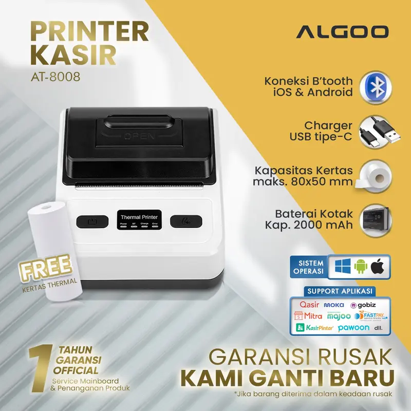ALGOO AT 8008 Printer Thermal Struk Nota Bluetooth Dengan Baterai 0