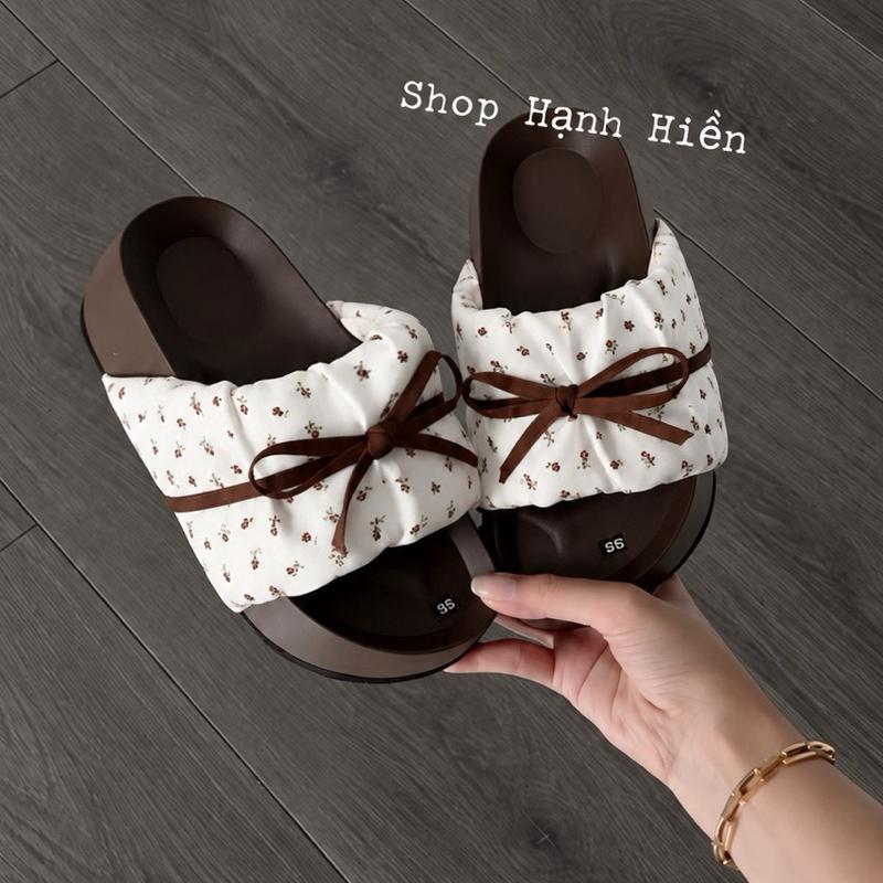 Dép Nữ Xinh Quai Ngang Nhúng Phối Nơ (Hoạ Tiết Bông) Bằng Vải cao 3cm nhẹ chân Trẻ Trung Shop Hạnh Hiền D70*