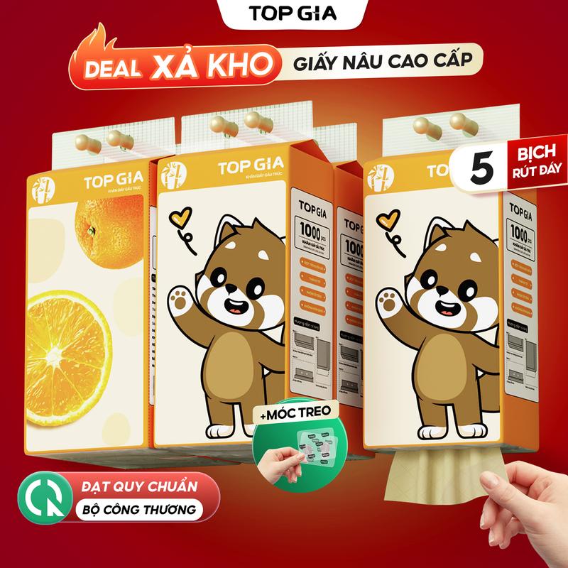 (DEAL XẢ KHO) Thùng 5 BỊCH LỚN TẶNG 2 Móc Treo Tường Giấy Gấu Trúc Đa Năng Cao Cấp Treo Tường TopGia 4 Lớp Không Bụi Mịn 1000 Tờ Rút Tiện Lợi - Khăn Giấy, Giấy Ăn Giấy Vệ Sinh - Sản Phẩm Được Yêu Thích ĐẠT QUY CHUẨN CỦA BỘ CÔNG THƯƠNG(TG66)