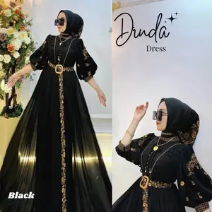 Terbaru !!! Dinda Dress Bahan Ceruty Aplikasi Bordir Tersedia 3 Ukuran M L XL Lengan 3/4 Dres Polos Lengan Balon Gamis Free Belt Gamis Kondangan Mayung Termurah Bisa Cod