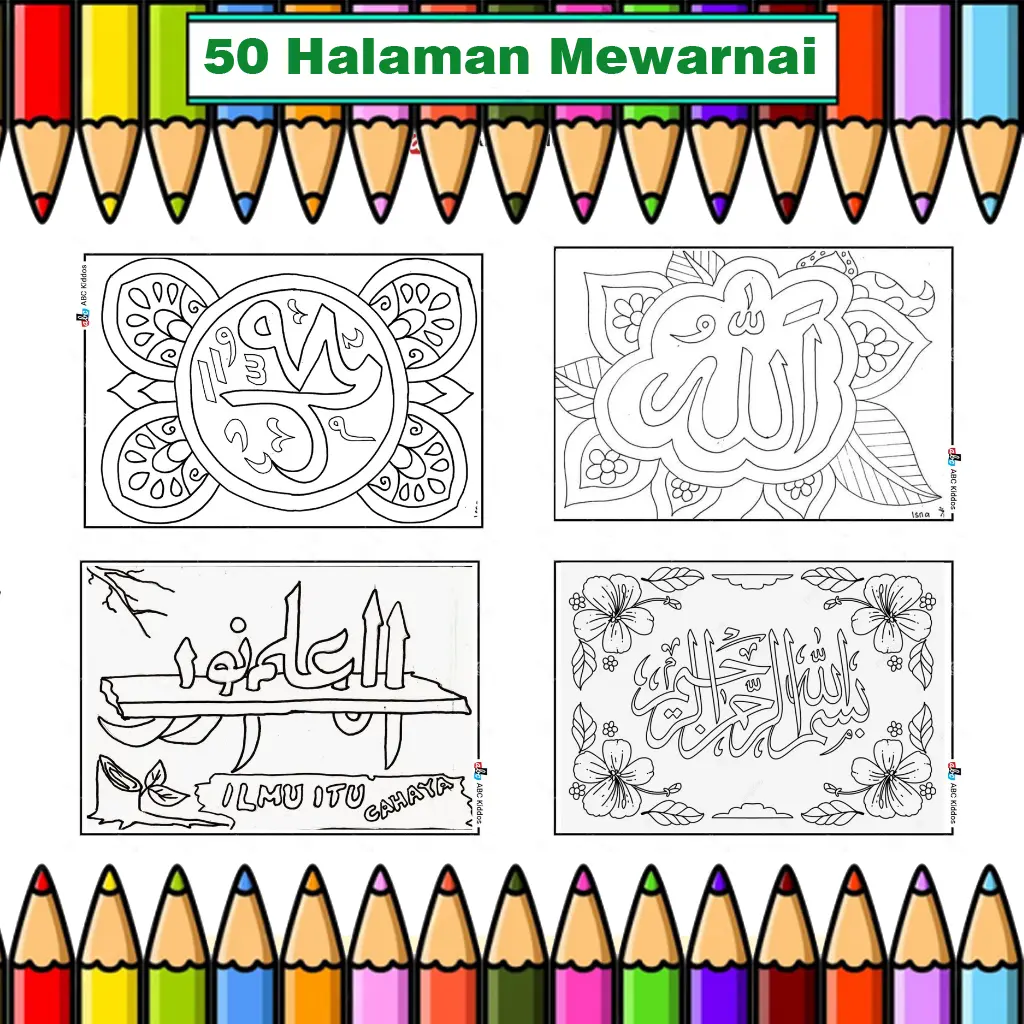 50 Kertas mewarnai Kaligrafi dll ukuran A5 untuk Anak TK / PAUD / SD Setiap Lembar Berbeda Gambar