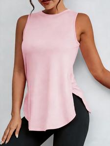 Top deportivo sin mangas para mujer de verano, casual, con abertura lateral asimétrica, cuello redondo, color sólido y elástico, versátil