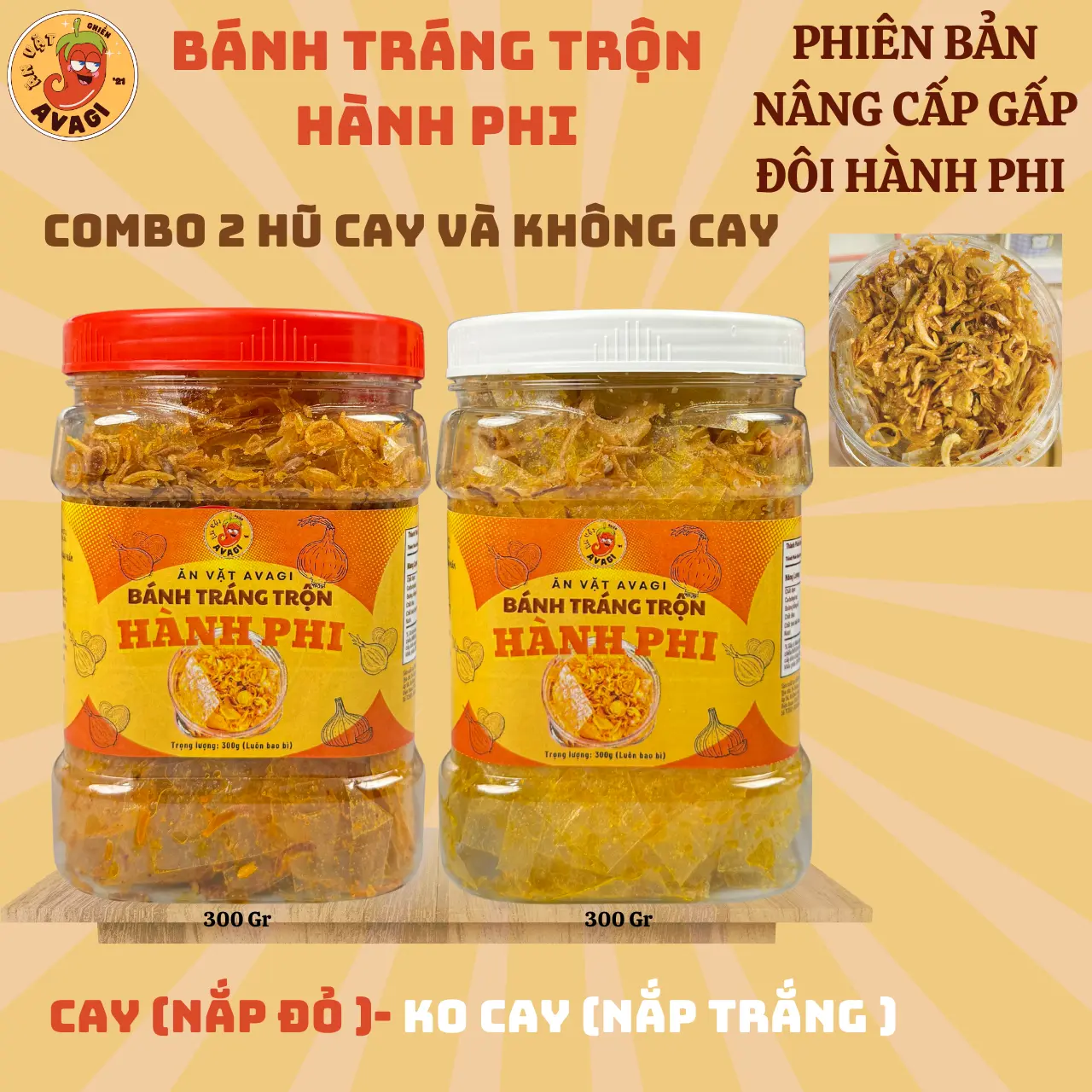 HÀNH PHI GẤP ĐÔI (CAY VÀ KHÔNG CAY) -  COMBO 2 Hũ Bánh Tráng TRỘN 600Gr Phiên Bản Nâng Cấp, Ăn Vặt AVAGI - Snack Thức Ăn