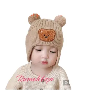 KUPLUK BAER KOREA Kupluk Rajut Beruang Anak Full Tutup Telingan Unisex Lingkar Kepala 50cm Hangat & Tahan Lama